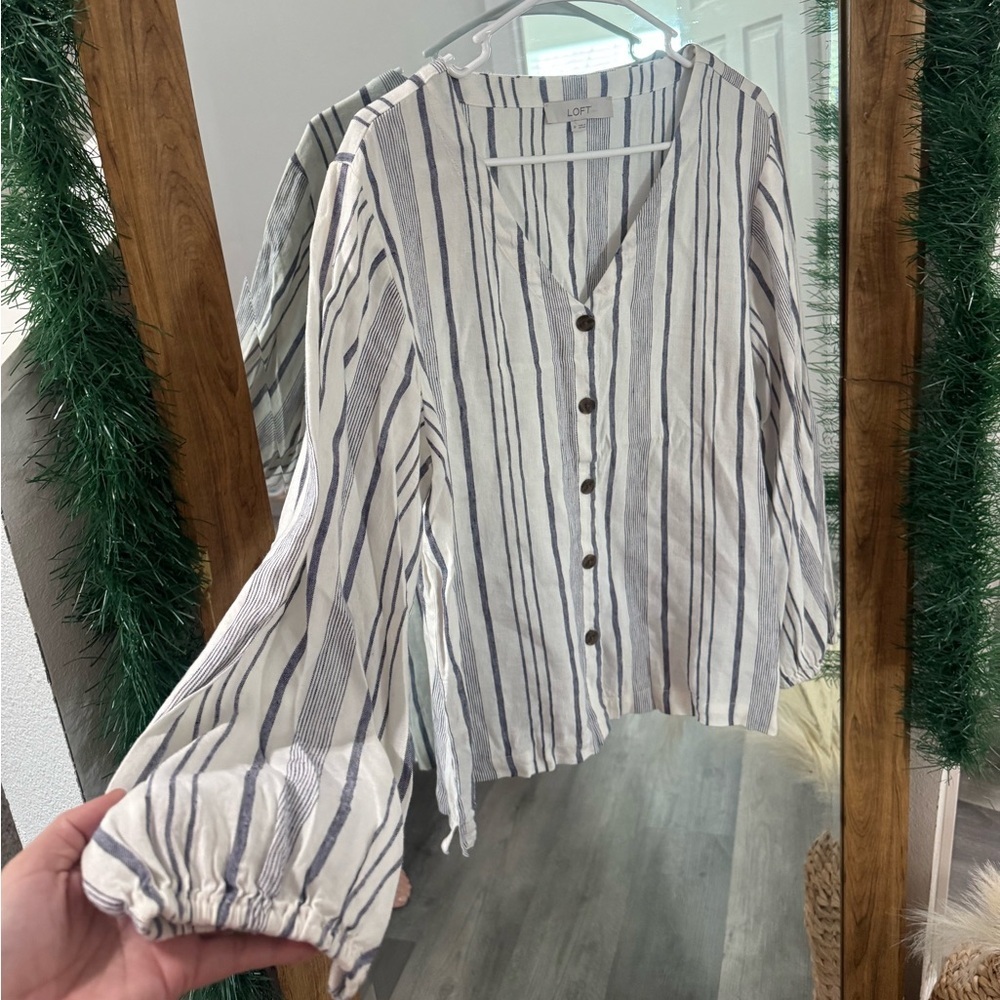 LOFT Linen Blend V-Neck Striped Blouse - Picture 2 of 5